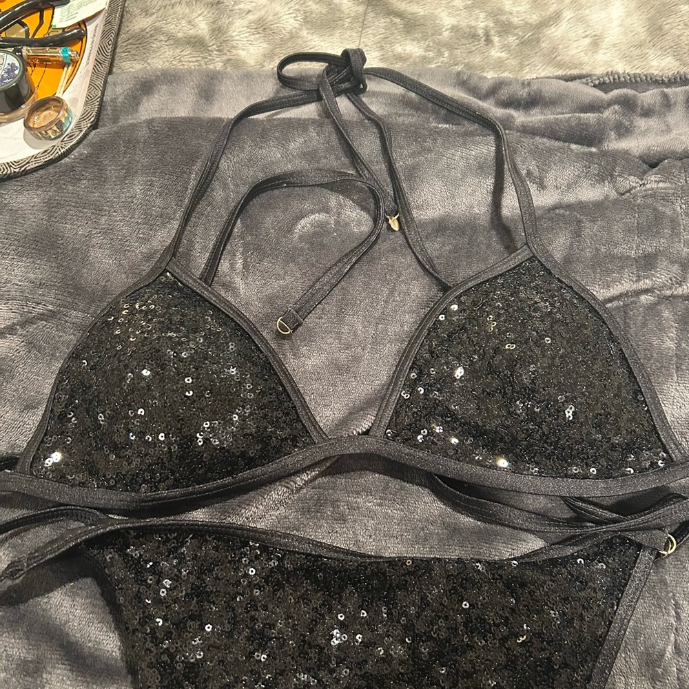 Victorias secret Black Sequin Halter Bikini Top worn 2 c and not in water